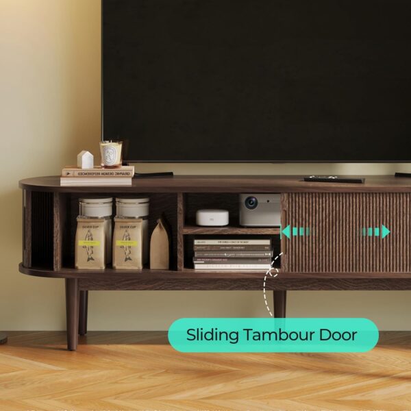 LINSY HOME Fluted TV Stand for 75" TV, Mid-Century Modern 70" Entertainment Center with Sliding Tambour Door and Storage Cabinet, Cruved TV Media Console Table for Living Room, Bedroom, Walnut