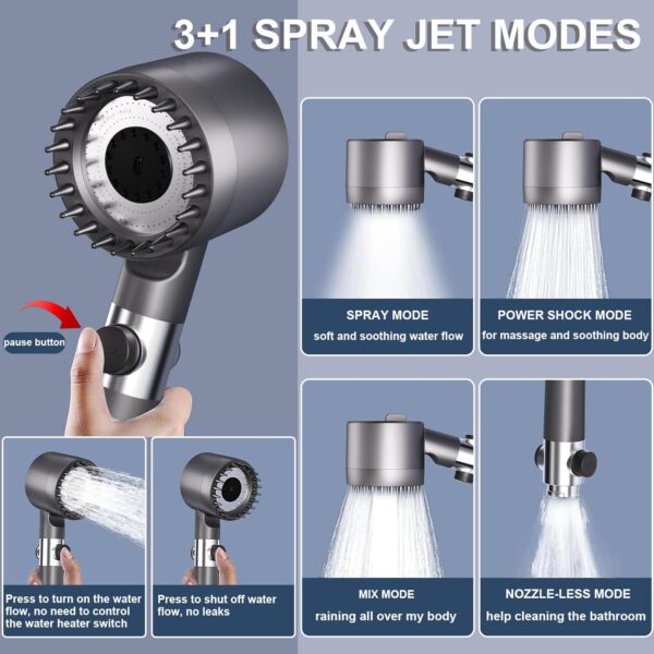 Ion Drops Shower Head with 60 Inch Hose, 4 Spray Mode Showerhead with Handheld for Hard Water, Detachable Shower Filter Head High Pressure Shower Head with On/Off Switch, Grey