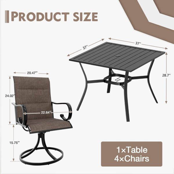 MELLCOM 5-Piece Outdoor Dining Set, 4 Swivel Rocker Chairs with High Back Textilene & Square Metal Dining Table with Umbrella Hole, Patio Furniture Set for Porch, Garden, Backyard, Deck, Brown
