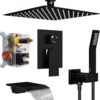 12 Inch Ceiling Mount Shower System with Tub Spout, 12 Inch Shower Faucet Set with Rain Shower Head High Pressure Handheld Spray Rough-in Valve and Shower Trim Included, Matte Black