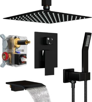 12 Inch Ceiling Mount Shower System with Tub Spout, 12 Inch Shower Faucet Set with Rain Shower Head High Pressure Handheld Spray Rough-in Valve and Shower Trim Included, Matte Black