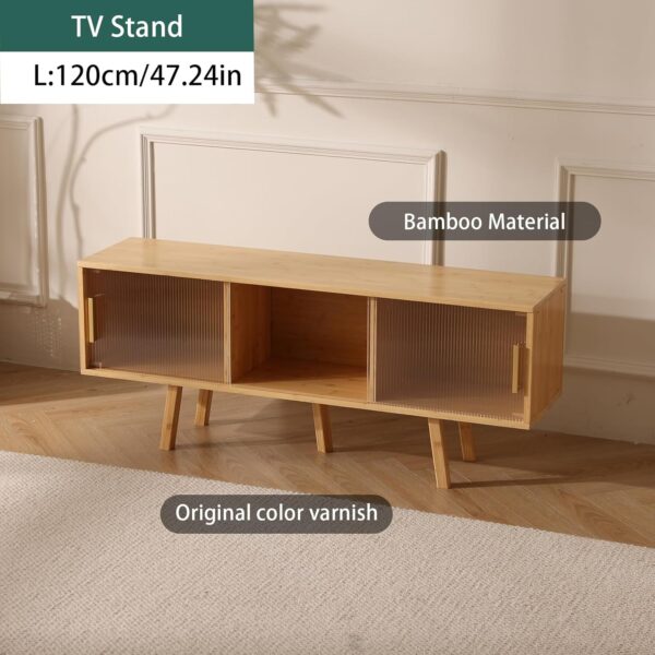 Bamboo TV Stand for TVs up to 50 Inches, Durable Entertainment Center with 2 Sliding Acrylic Cabinet Doors for Gaming Console, Modern Accent TV Console Cabinet for Living Room Bedroom