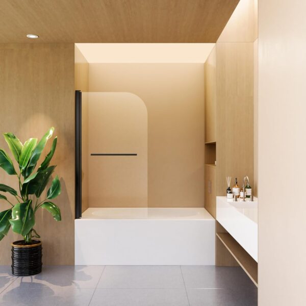 Shower Door 31" W x 55" H, Frameless Hinged Bathtub Shower Door, Bathtub Shower Screen Door, 1/4" (6mm) Tempered Glass Panel with Stainless Steel Handles (Matte Black)