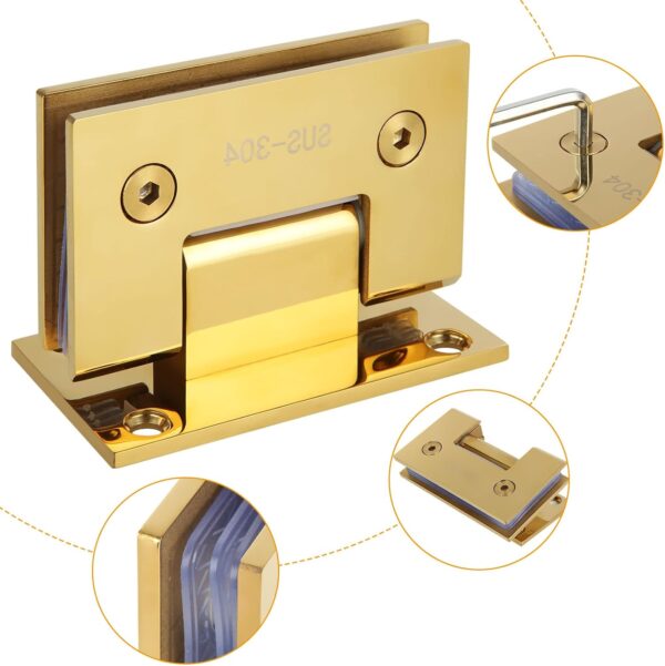 2Pack Glass Gold Shower Door Hinges Stainless Steel 90 Degree Heavy Duty Brushed Gold Shower Door Hinges Replacement Parts with Mounting Hardware, Bathroom Gate Clamp for 3/8” to 1/2”Glass