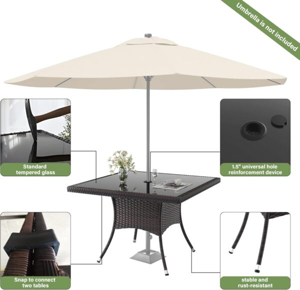 ALAULM 5 Piece Patio Dining Set All-Weather Wicker Outdoor Patio Furniture Set w/Tempered Glass Tabletop, Removable Cushions and Umbrella Hole for Patio, Backyard, Garden, Poolside（Brown）