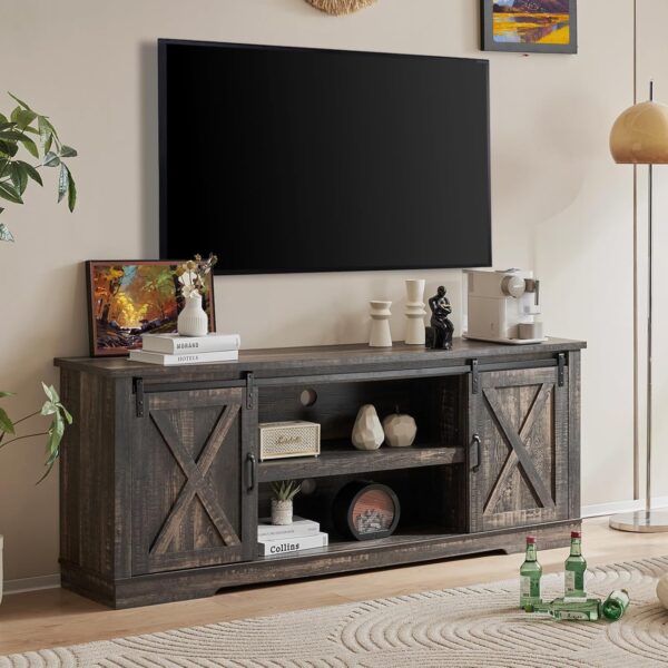 AMERLIFE 66" Farmhouse TV Stand for 75 Inches TVs, Entertainment Center with Sliding Barn Door and Adjustable Shelf & Feet, Console Table with Storage, Dark Rustic Oak
