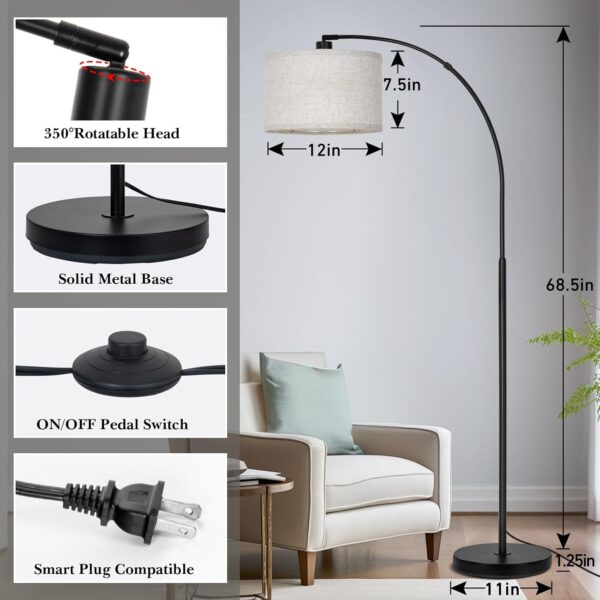 Black Arc Floor Lamps for Living Room,Modern Standing Lamp with Adjustable Drum Lampshade Tall Pole Lamp with Foot Switch Over Couch Arched Floor Light for Reading Bedroom 8W LED Bulb Included