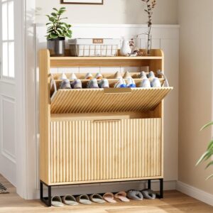 711D6KnxkyL._AC_SL1500_.jpg VINGLI Fluted Shoe Cabinet Storage for Entryway,Hidden Shoes Storage Cabinet with 2 Flip Drawers, Mid Century Modern Shoe Rack Organizer,Free Standing Shoes Organizer for Hallway(Natural Oak)
