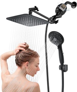 8'' Dual 20 Stage Filtered Shower Head with Handheld, 6 Spray Settings Handheld Shower Head High Pressure Rainfall Filter Combo with 12'' Adjustable Extension Arm, 71'' Shower Hose (Matte Black)