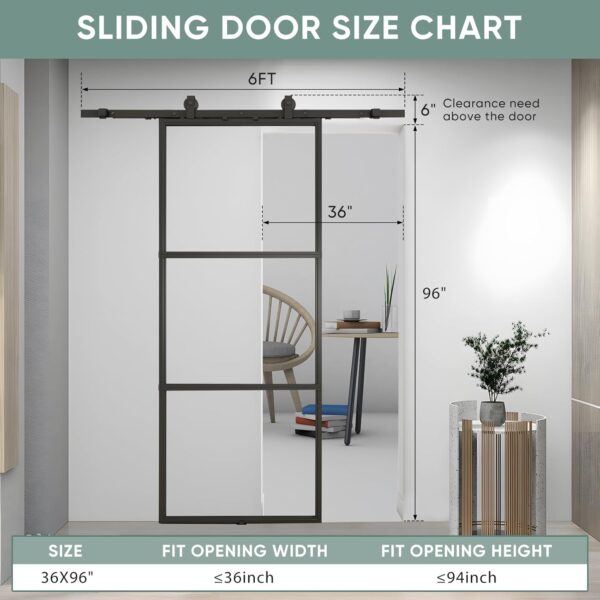 JUBEST 36in x 96in Glass Barn Door, Clear Tempered Glass Carbon Steel Pre Drilled Frame Sliding Barn Door Panel with 6FT Hardware Kit and Soft Close, Easy to Install