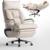 Dual Motor Electric Executive Office Chair with Foot Rest, Comfortable Reclining Office Chair Wide Seat, Big and Tall Ergonomic Leather Home Office Desk Chair 420lbs, Beige