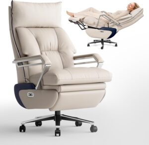 Dual Motor Electric Executive Office Chair with Foot Rest, Comfortable Reclining Office Chair Wide Seat, Big and Tall Ergonomic Leather Home Office Desk Chair 420lbs, Beige