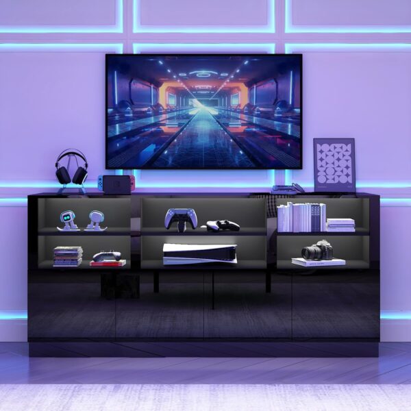 Black TV Stand for 65/75/80/85 Inch TVs with RGB LED Lights,32'' Tall Modern High Gloss Entertainment Center Cabinet Stands with Storage Shelves and Doors,TV Media Console Table for Living Room