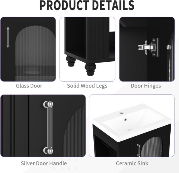 20-inch Bathroom Vanity with Sink, Free Standing Bathroom Vanity Cabinet with Two-Tier Shelf and Glass Door, Wooden Bathroom Set Organizer with Single Ceramic Sink for Bathroom, Black