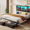 Rolanstar Bed Frame Queen Size with Drawers and Charging Station, Upholstered Platform Bed with Storage Headboard and LED Light, Heavy Duty Metal Frame Support, No Box Spring Needed, Noise Free, Black