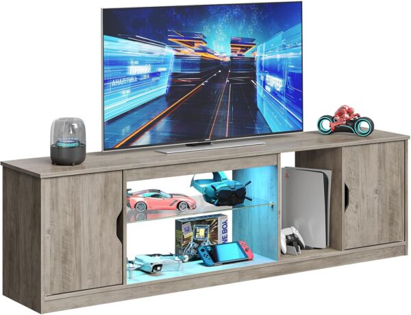 Bestier LED TV Stand for 65/70/75/80 Inch TV, 70 inch Gaming Entertainment Center with Adjustable Glass Shelves & Storage Cabinet for PS5, Xbox, Modern TV Console Table for Living Room, Grey Wash