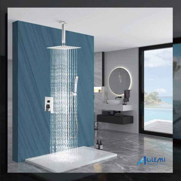 Aolemi Ceiling Mount Shower System Rain Shower Head with Handheld Spray High Pressure Shower Faucet Set Rough-in Valve Shower Trim Kit Included Bathroom Polish Chrome 12 Inch Ceiling Shower Head