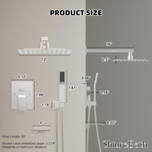 12 Inch Shower Faucet Set with Tub Spout Bathroom Shower System with 12 Inch Rain Shower head and Handheld Shower Head Set, Brushed Nickel