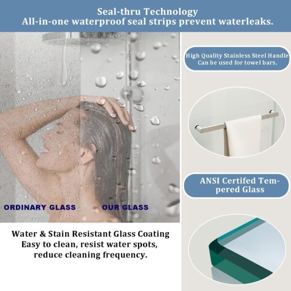 Frameless Shower Door, 56"-61" W x 76" H, Width Adjustable, SGCC Certified 3/8" (10 mm) Clear Tempered Glass, Double Sliding Shower Door, Stainless Steel Brushed Gold Finish DS01