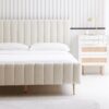 Livinia Queen Size Elton Velvet Platform Bed, Upholstered Bed Frame with Vertical Channel Tufted Headboard Footboard, Strong Wood Slats, No Box Spring Needed, Ivory (Queen)
