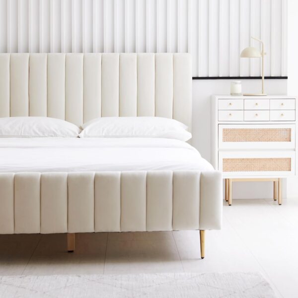 Livinia Queen Size Elton Velvet Platform Bed, Upholstered Bed Frame with Vertical Channel Tufted Headboard Footboard, Strong Wood Slats, No Box Spring Needed, Ivory (Queen)