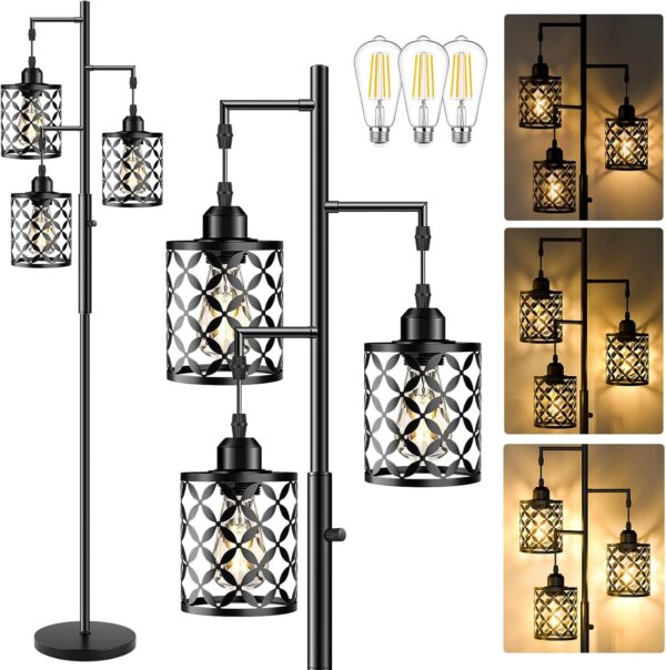 68" Dimmable Floor Lamp, Farmhouse Standing Lamp with Elegant Metal Cage, Industrial Tall Tree Floor Lamps for Living Room, Bedroom, Study Room, Office (2000LM LED Bulbs Included) - Black