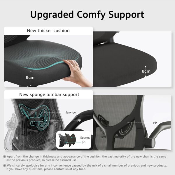 Hbada Office Chair Ergonomic Desk Chair, Office Chairs with PU Silent Wheels, Breathable Mesh Computer Chair with Adjustable Lumbar Support, Flip-up Armrests, Tilt Function, Black