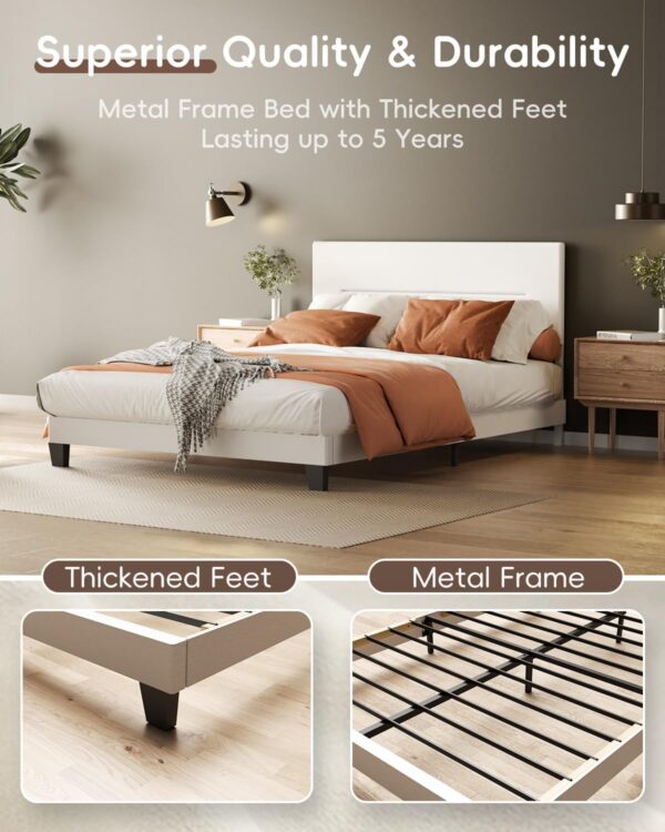 Miscoos Queen Size Platform Bed Frame with Upholstered Headboard and Metal Support – Sturdy, Noise-Free, No Box Spring Needed, Easy Assembly, Storage Space