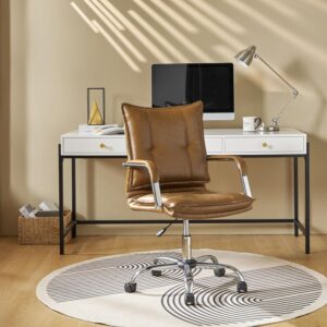 HULALA HOME Faux Leather Home Office Desk Chair, Adjustable Swivel Computer Chair with Sliver Legs and Arms, Comfy Upholstered Task Chair(Camel)