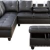 L Shaped Sectional Couches, Convertible Lounge Leather Couch with Reversible Cup Holder, Nail-Head Design Modern Modular Sectional Sofa for Living Room Furniture Sets, Black A