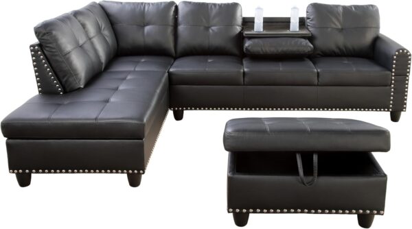 L Shaped Sectional Couches, Convertible Lounge Leather Couch with Reversible Cup Holder, Nail-Head Design Modern Modular Sectional Sofa for Living Room Furniture Sets, Black A
