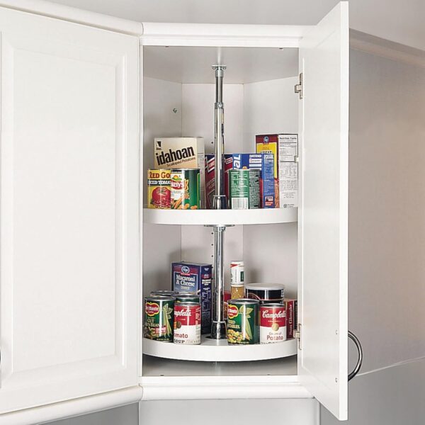 Rev-A-Shelf 18 Inch Dual Full-Circle Lazy Susan Organizer for Upper Corner Kitchen Cabinets, Plastic Home Storage 2 Tier Shelves, White, 6012-18-11-52