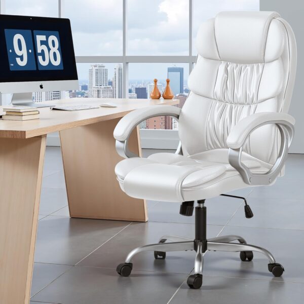 Homall Office Chair High Back Computer Desk Chair, PU Leather Adjustable Height Modern Executive Swivel Task with Padded Armrests and Lumbar Support (White)