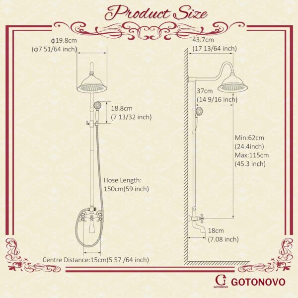 gotonovo Shower Fixture Faucet Set Complete Antique Brass Exposed Pipe Shower System 8 Rain Shower 2 Double Knobs Handle Triple Function Tub Spout Shower Combo Unit Set
