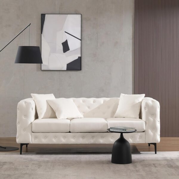 Morden Fort Button Tufted Faux Leather Modern Luxury Couch, 3 Seater Sofa with Deep Seats Couches for Living Room, Office, Apartment, White