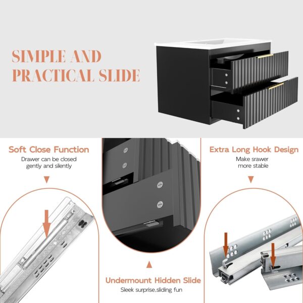 36" Bathroom Vanity with Sink, Floating Vanity Bathroom Sink Cabinet Wall Mount, Soft-Close Function 2 Large Drawers, Grooved Stripe Design, Hidden Damping Drawers, Black
