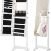 SONGMICS Mirror Jewelry Cabinet Standing Armoire Organizer, Jewelry Storage with Full-Length Frameless LED Lights, Built-in Makeup Mirror, 2 Drawers, Lockable, White UJJC023W01