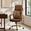 HULALA Home Executive Office Chair, Adjustable Airbag Lumbar Support, Modern Leather Ergonomic Office Chair with Padded Armrests, Tilting & Swivel, Camel and Gold