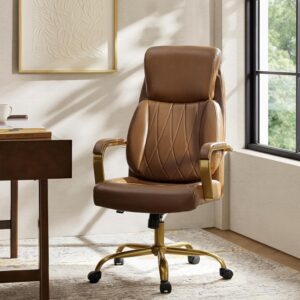 HULALA Home Executive Office Chair, Adjustable Airbag Lumbar Support, Modern Leather Ergonomic Office Chair with Padded Armrests, Tilting & Swivel, Camel and Gold