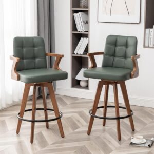 30” Counter Height Bar Stools,Leather Upholstered Bar Chair, Swivel Bar Stools with Back and Arms，Modern Barstool Set of 2 for Kitchen Island (Green)