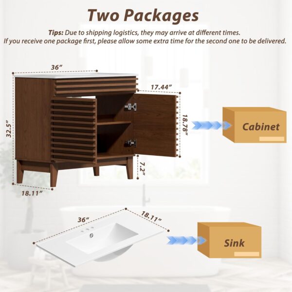 APRILSOUL 36" Bathroom Vanity with Ceramic Sink, Mid-Century Bathroom Vanity Cabinet with 2 Soft Closing Doors, Freestanding Bathroom Cabinet, Particleboard Frame with Wood Grain Laminate, Walnut