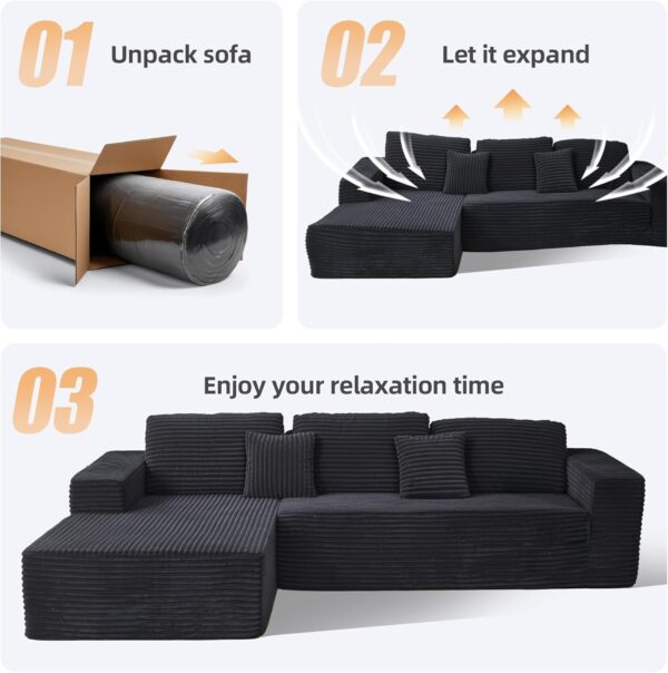Claiks 110" Cloud Sectional Couch with Chaise Lounge, Modern Modular L-Shape Corduroy Couch Deep Seat, Upholstered Couches for Living Room Bedroom, No Assembly Required, Black Left Facing Chaise