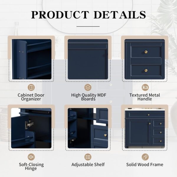 36'' Bathroom Vanity with Top Single Resin Sink Countertop, Solid Wood Frame Modern Storage Cabinet, 2 Drawer and Shelves, Soft Closing Doors, Blue