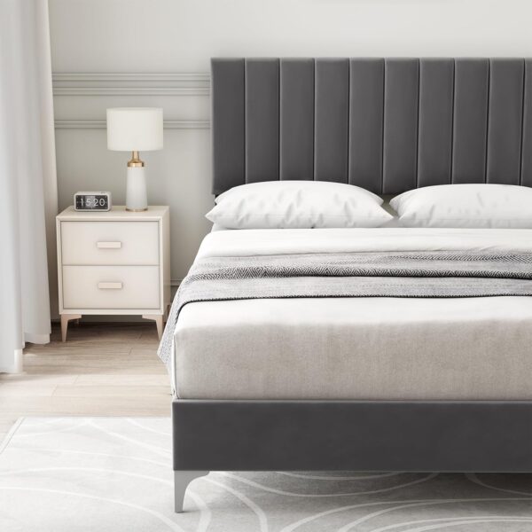 IDEALHOUSE Queen Size Bed Frame with Adjustable Headboard, Velvet Upholstered Platform Bed Frame with Strong Wooden Slats, Non-Slip and Noise-Free, No Box Spring Needed, Easy Assembly, Grey
