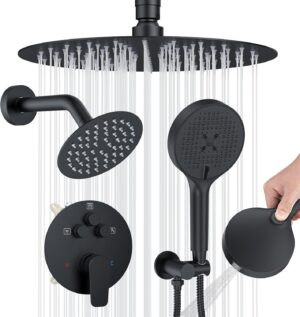 715BRIyzcGL._AC_SL1500_.jpg Shower Faucet Set, 12" Ceiling Mount Shower Head Rainfall, High Pressure Saving Water Rain Shower Head with Handheld, Shower System(12", Matte Black)