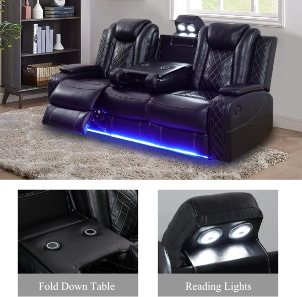 Leather Power Recliner Sofa Set with LED, Living Room Furniture Set, Leather Sofa Set with USB Port Storage Console Cup Holder (Leather Sofa and Loveseat Set, Black)