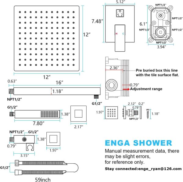 Enga Full Body Shower System with Body Sprays Jets, 12 Inch Rain Shower Wall Mounted, All Metal Multiple Shower Head System, Contain Rough-in Shower Valve, Brushed Nickel