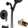 Tub Shower Faucet Combo, Matte Black Shower System 10 Patterns Handheld Shower Head with Tub Spout, Shower Trim Kit with Shower Head & Brass Valve