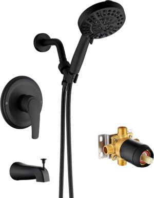 Tub Shower Faucet Combo, Matte Black Shower System 10 Patterns Handheld Shower Head with Tub Spout, Shower Trim Kit with Shower Head & Brass Valve
