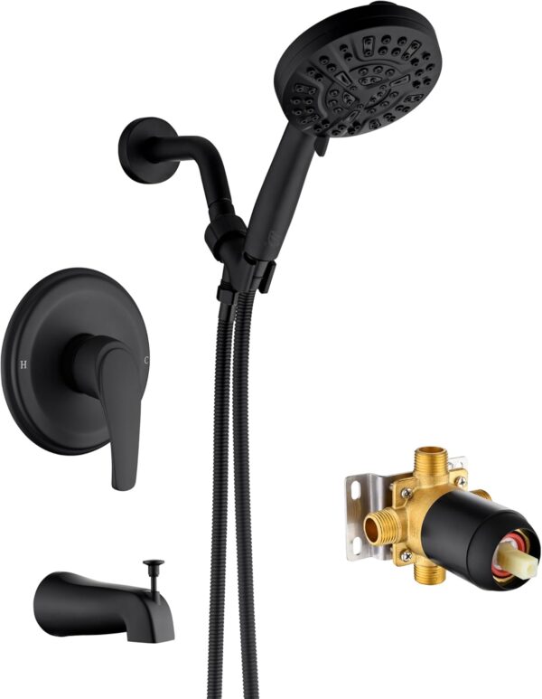 Tub Shower Faucet Combo, Matte Black Shower System 10 Patterns Handheld Shower Head with Tub Spout, Shower Trim Kit with Shower Head & Brass Valve